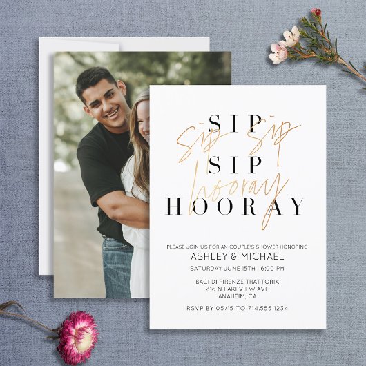 Sip Sip Hooray Black Gold Photo Couple's Shower Kaart