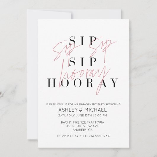 Sip Sip Hooray Black White Photo Engagement Party Kaart (Voorkant)