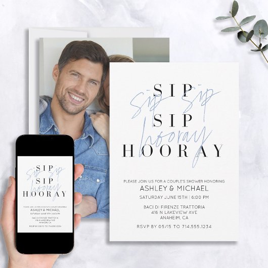 Sip Sip Hooray Blue Photo Couple's Shower Kaart
