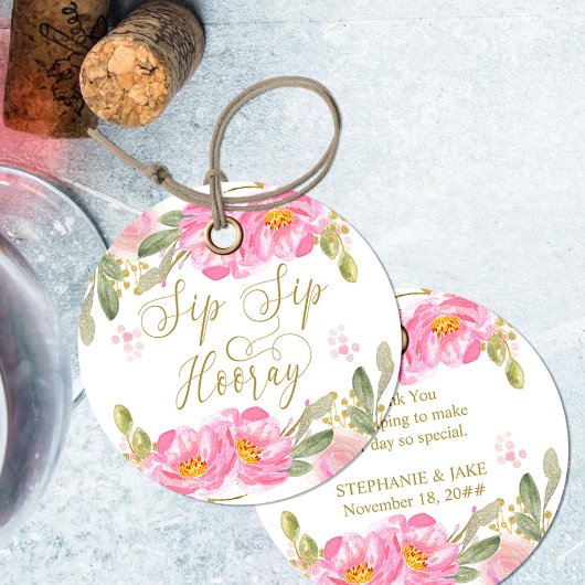 Sip Sip Hooray Blush Pink Gold Waterverf Floral Bedankjes Labels