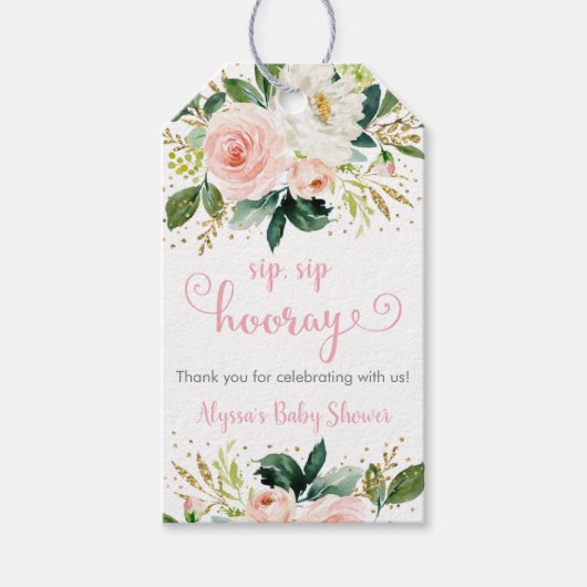 Sip Sip Hooray Boho Floral Pink Gold Baby shower Cadeaulabel (Voorkant)