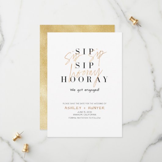 Sip Sip Hooray Champagne Gold Verloving Save The Date (Voorkant / Achterkant in situ)