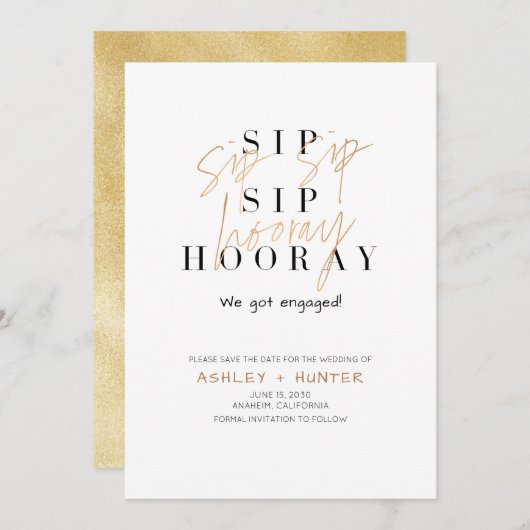 Sip Sip Hooray Champagne Gold Verloving Save The Date (Voorkant / Achterkant)