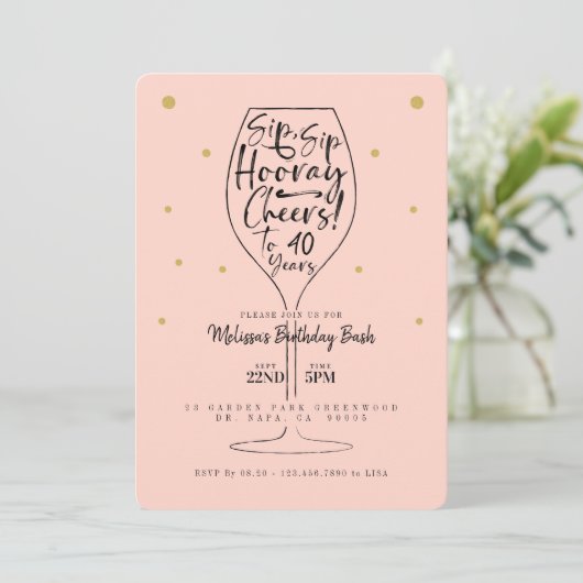 Sip, Sip Hooray Cheers Black & Roze Wine Birthday Kaart (Staand voorkant)