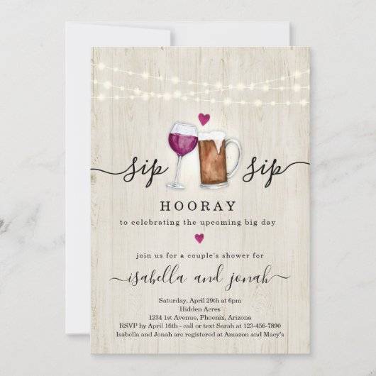 Sip Sip Hooray Couple's Shower Invitation Kaart (Voorkant)