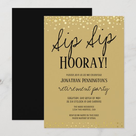 Sip Sip Hooray Elegant Gold Retirement Party Invit Kaart (Voorkant / Achterkant)