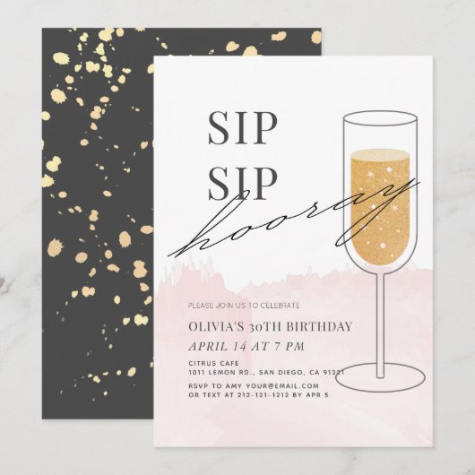 Sip Sip Hooray Gold Champagne Pink Birthday Kaart (Voorkant / Achterkant)