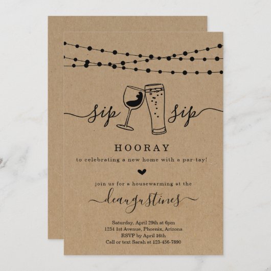 Sip Sip Hooray Houeswarming Party Invitation Kaart (Voorkant / Achterkant)