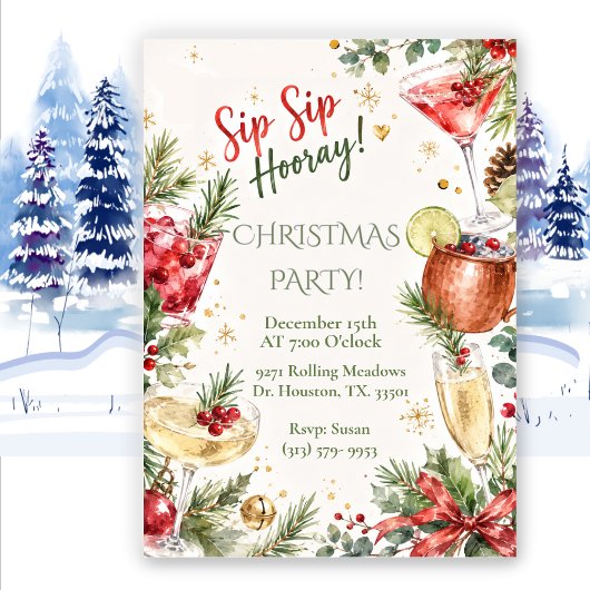Sip Sip Hooray Kerstfeest Uitnodiging
