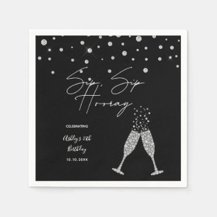 Sip Sip Hooray Modern Black & White Birthday Quote Servet