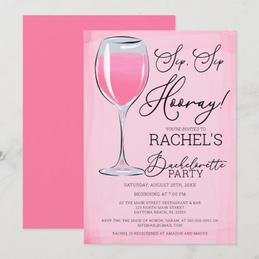 Sip Sip Hooray Pink Bachelorette Party Kaart (Voorkant / Achterkant)