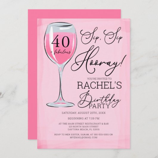 Sip Sip Hooray Pink Birthday Party Kaart (Voorkant / Achterkant)