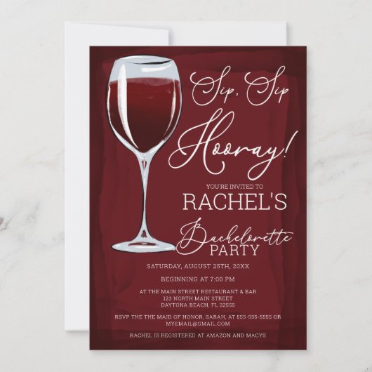 Sip Sip Hooray Red Wine Bachelorette Party Kaart (Voorkant)