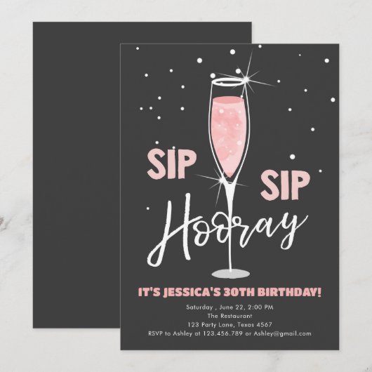 Sip Sip Hooray Roos Wine Verras Roze Birthday Kaart (Voorkant / Achterkant)