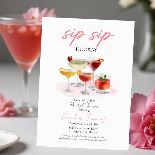 Sip Sip Hooray Waterverf Cocktails Vrijgezellenfee Kaart
