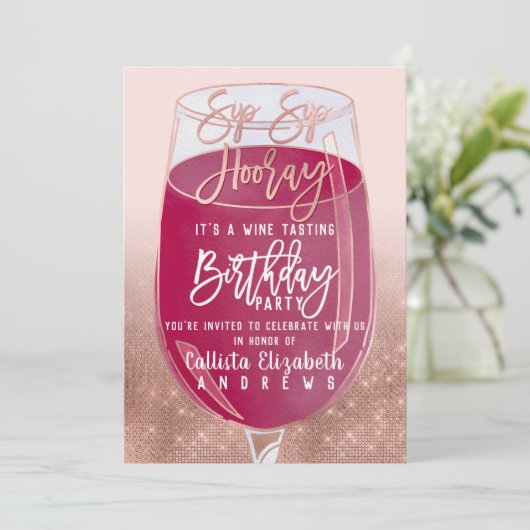 Sip Sip Hooray Waterverf Wijnproeverij Verjaardag Kaart (Staand voorkant)