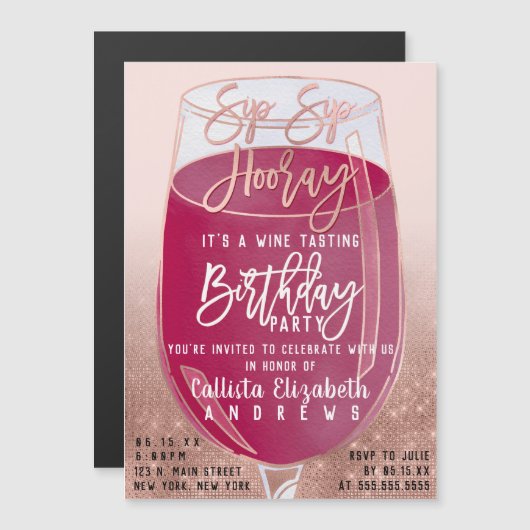 Sip Sip Hooray Waterverf Wijnproeverij Verjaardag Magnetische Uitnodiging (Voorkant / Achterkant)