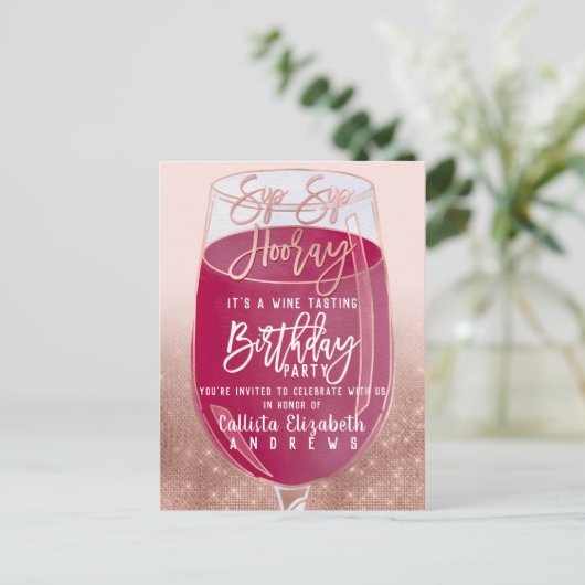 Sip Sip Hooray Waterverf Wijnproeverij Verjaardag Uitnodiging Briefkaart (Staand voorkant)