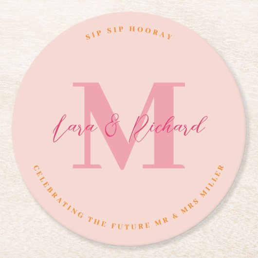 Sip Sip Hooray Wedding Monogram Initiaal Onderzett Ronde Kartonnen Onderzetter (Voorkant)