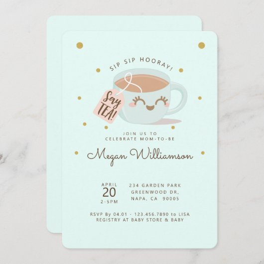 Sip Sip Hooray Zeg Tea Mint Baby shower Tea Party Kaart (Voorkant / Achterkant)