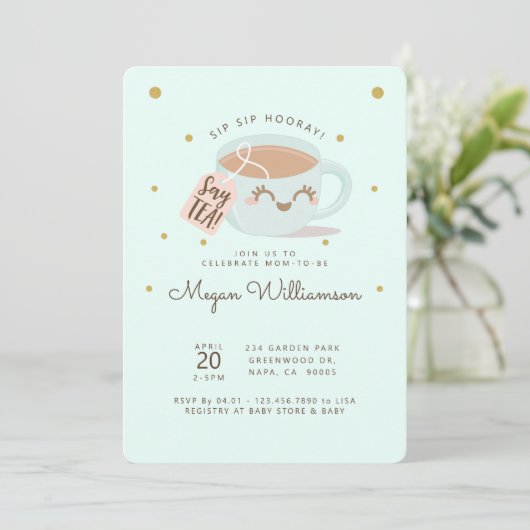 Sip Sip Hooray Zeg Tea Mint Baby shower Tea Party Kaart (Staand voorkant)