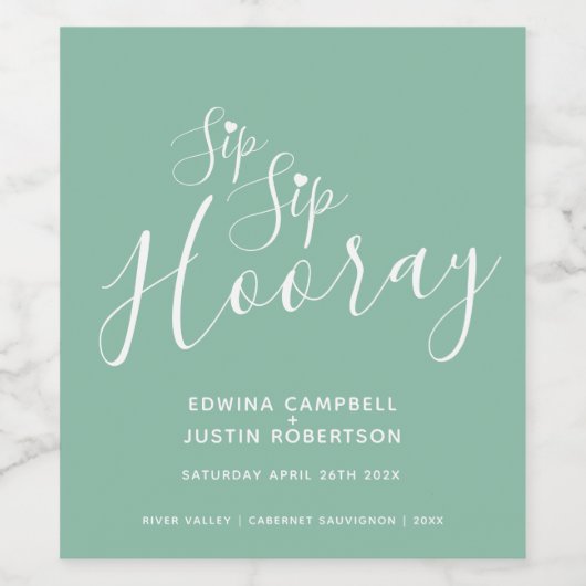 Sip Sip horay bruiloft groen wit hart Wijn Etiket (Enkel label)