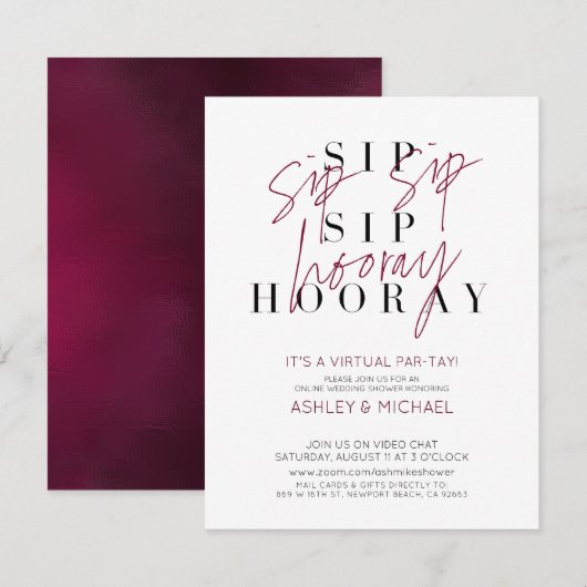 Sip Sip Sip Hooray Virtual Wine Wedding Shower Par Kaart (Voorkant / Achterkant)