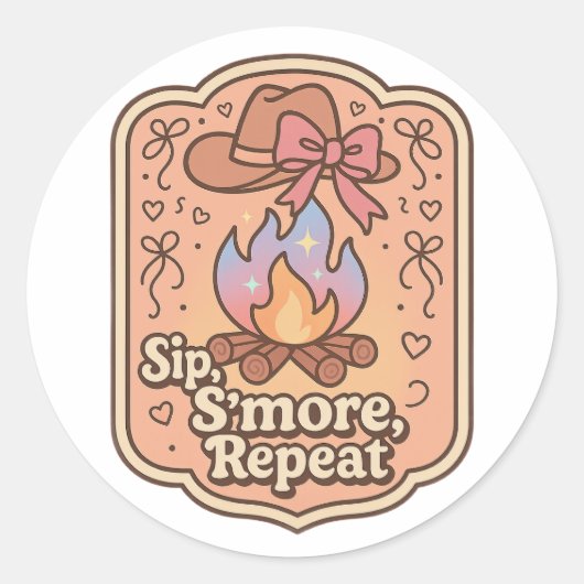 Sip, S'more, Repeat - Retro Camp Badge Ronde Sticker (Voorkant)