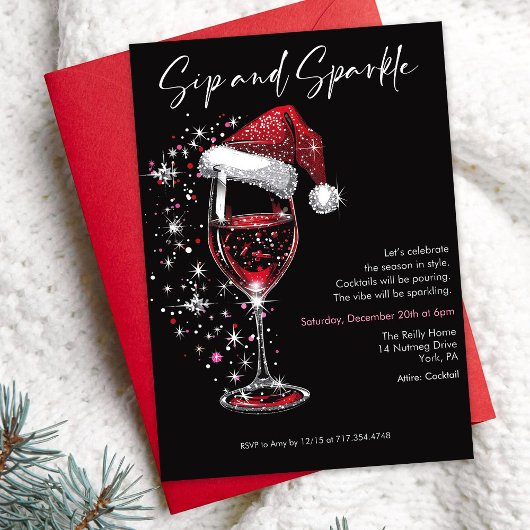 Sip & Sparkle Holiday Cocktail Party Wine Glass Kaart