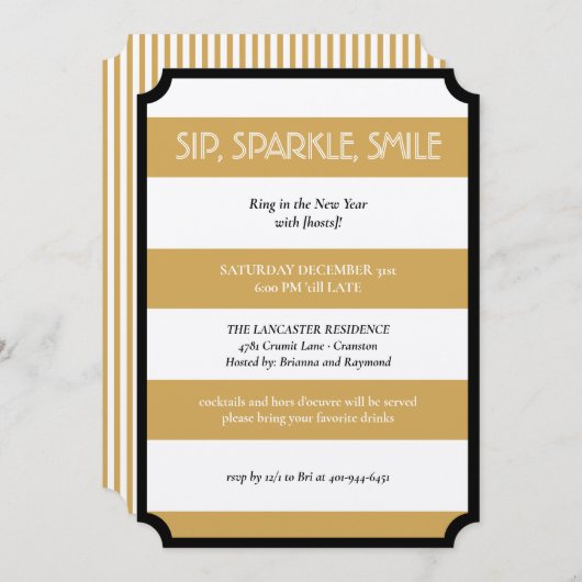 Sip Sparkle Smile Gold Black Modern Nieuwjaar Kaart (Voorkant / Achterkant)