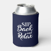 Sip terug en relax blauw blikjeskoeler (Blikje Voorkant)