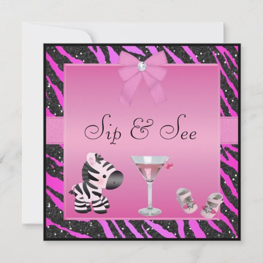 Sip & Zie Roze Zebra Baby shower Kaart (Voorkant)