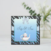Sip & Zie Zebra Print Blue en Black Baby shower Kaart (Staand voorkant)