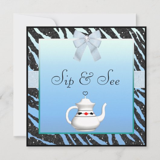 Sip & Zie Zebra Print Blue en Black Baby shower Kaart (Voorkant)