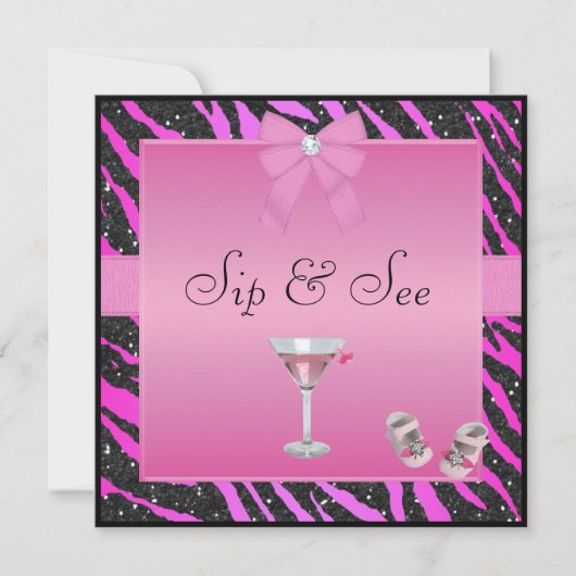 Sip & zie Zebra Print Pink & Black Baby shower Kaart (Voorkant)