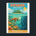 Sipadan Island, Malaysia, in a vibrant Briefkaart<br><div class="desc">Travel poster featuring Sipadan Island, Malaysia, in a vibrant tropical retro style. Crystal-clear turquoise waters with coral reefs visible beneath the surface, sea turtles, schools of colorful fish, and dramatic underwater drop-offs. Small palm-covered island silhouette above the waterline under a bright blue sky. Tropical retro color palette: aqua blue, teal,...</div>