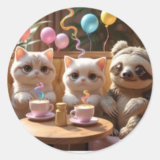 Sippin’ Cuteness: Cat Café Vibes with a Cool Sloth Ronde Sticker