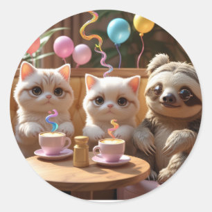 Sippin’ Cuteness: Kat Café Sfeer met een Koude Lui Ronde Sticker