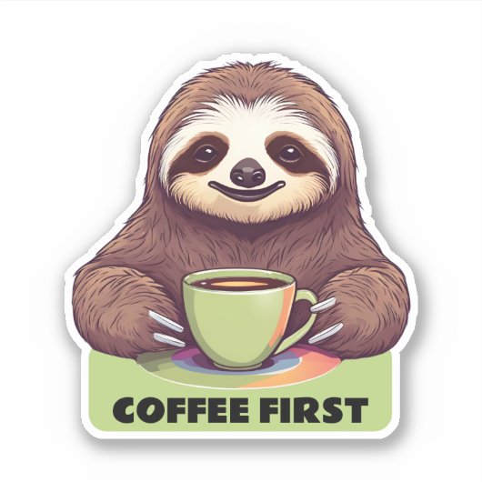 Sipping Sloth Coffee First Waterdicht Sticker (Voorkant)