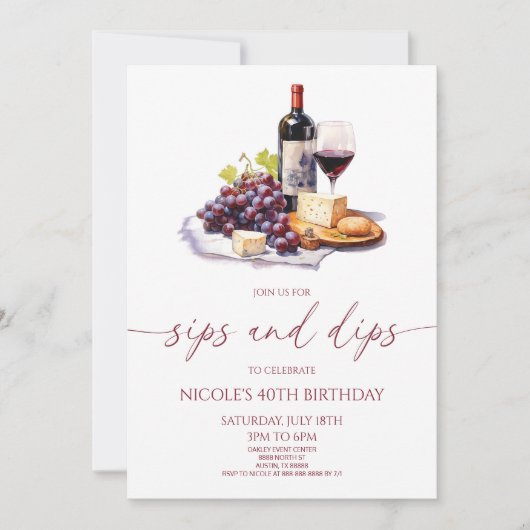 Sips and Dips Rode wijn en kaas verjaardagsfeestje Kaart (Voorkant)