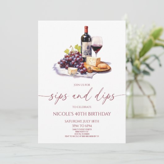 Sips and Dips Rode wijn en kaas verjaardagsfeestje Kaart (Staand voorkant)