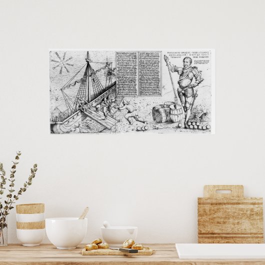 Sir Francis Drake kijkt toe aan de lading van het Poster (Keuken)