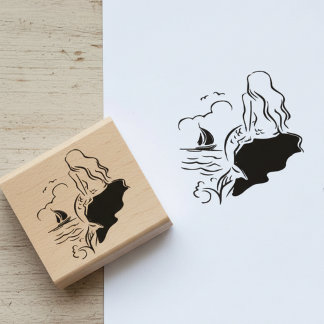 Siren en zeilboot houten kunststempel rubberstempel
