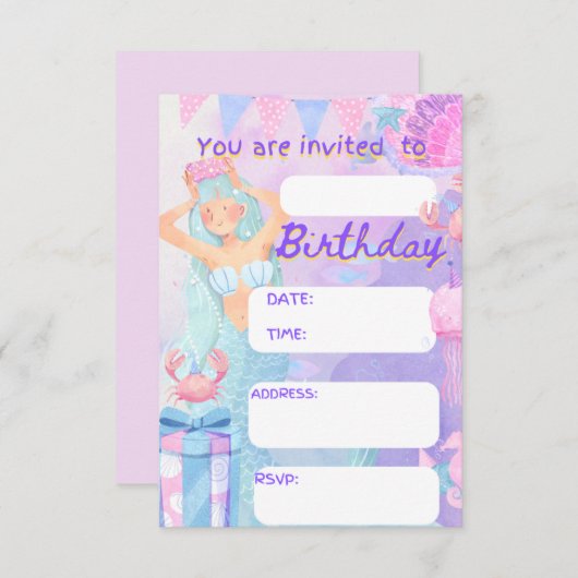 sirena , mairmade , verjaardagsfeestje , uitnodigi kaart (Voorkant / Achterkant)