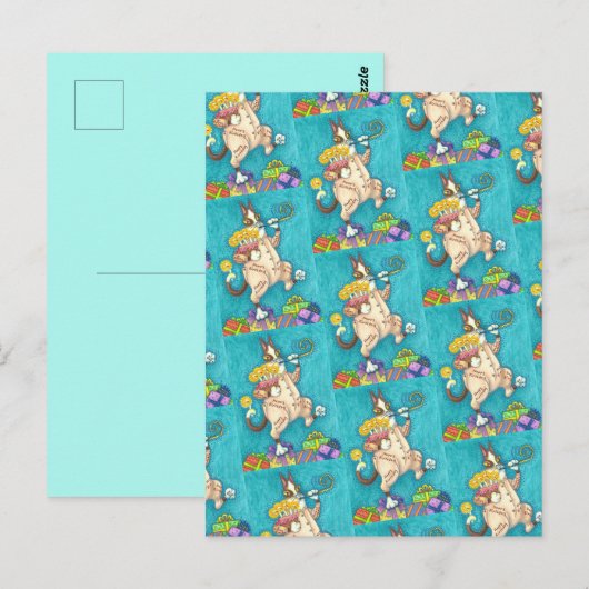 SISS N' FITZ KAT IN VERJAARDAGSUIT, TAART & KAARSJ BRIEFKAART (Voorkant / Achterkant)