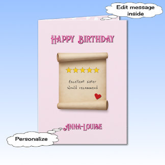 Sister 5 star review pink birthday kaart