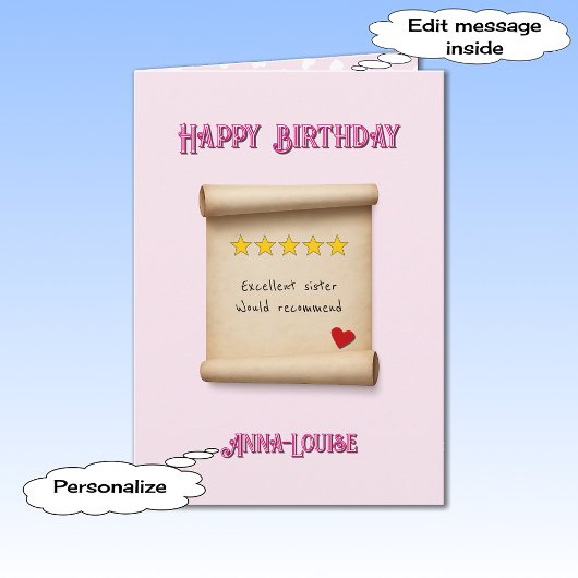 Sister 5 star review pink birthday kaart