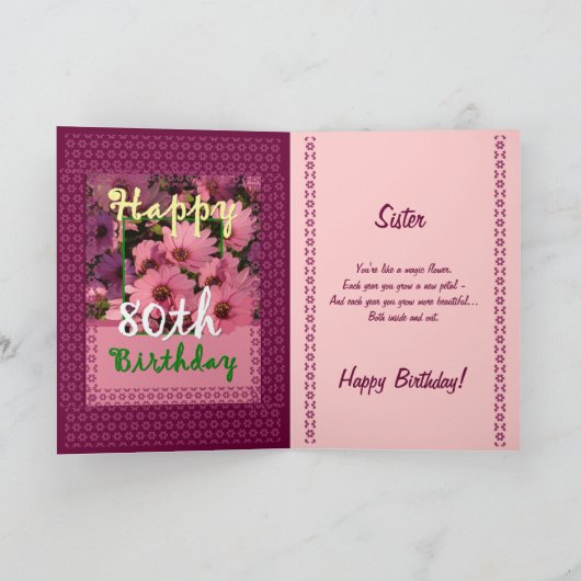 SISTER - 80e verjaardag met roze Daisy Flowers Kaart (Binnen)