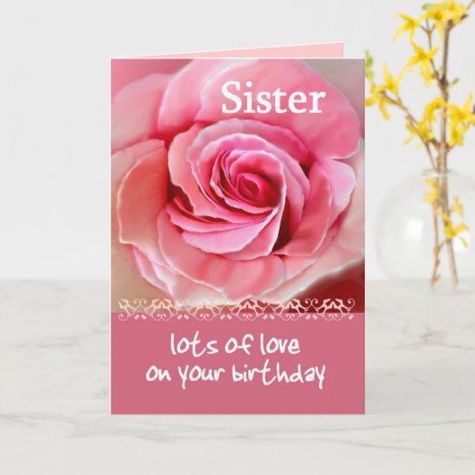 SISTER Birthday met roze Rose en kant Kaart (Gele Bloem)