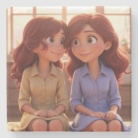 Sister Bond – Beautiful Sisters Illustration Art Stenen Onderzetter (Voorkant)